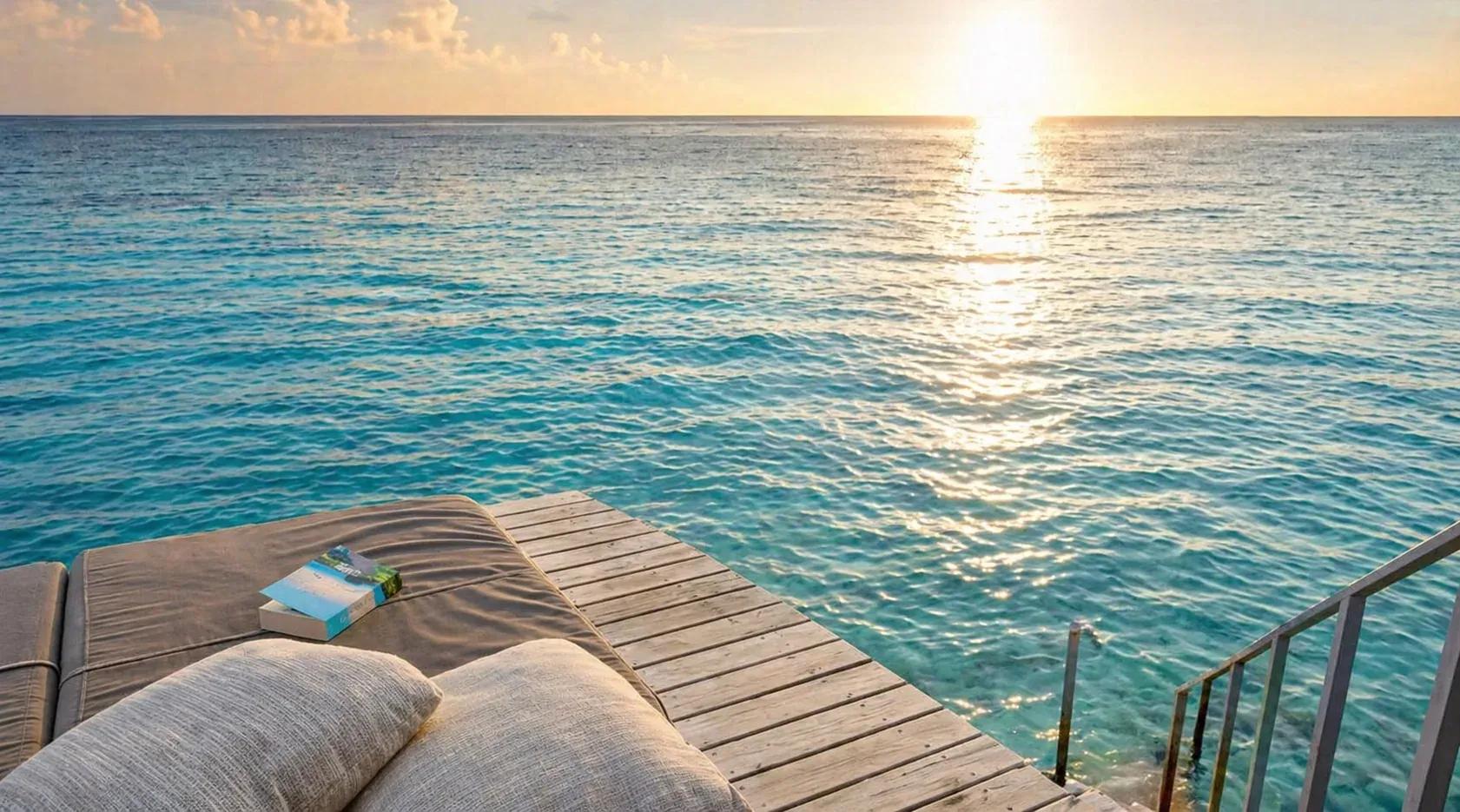 Terrazza della Overwater Villa with Swirl Pool con lettini e vista sull'oceano al tramonto al Centara Ras Fushi Resort & Spa Maldives.