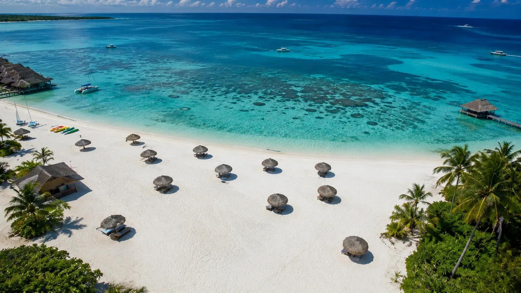 Spiaggia con ombrelloni e palme di fronte al Constance Moofushi