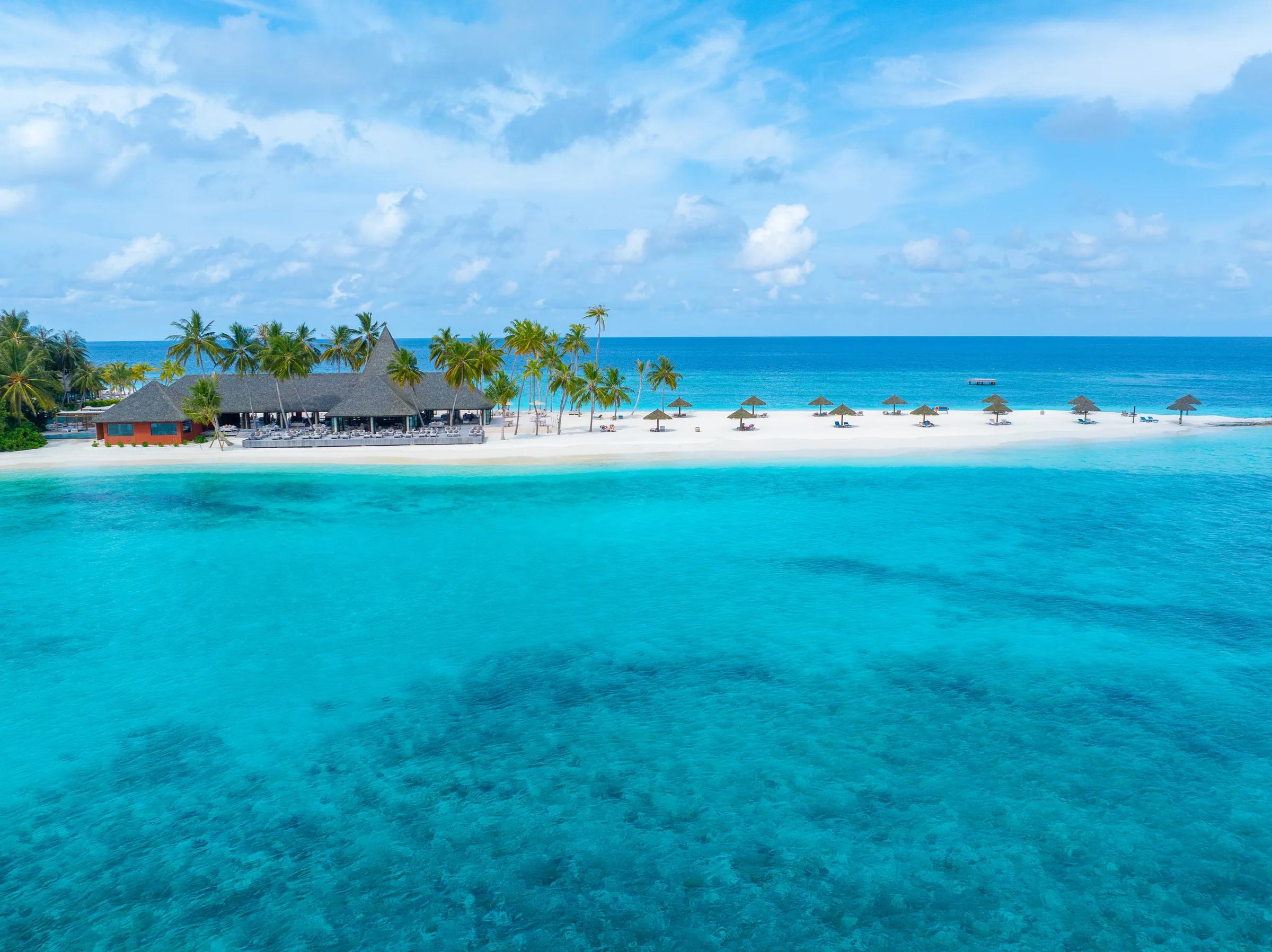 Spiaggia con palme e lettini di fronte al Veligandu Island Resort & Spa