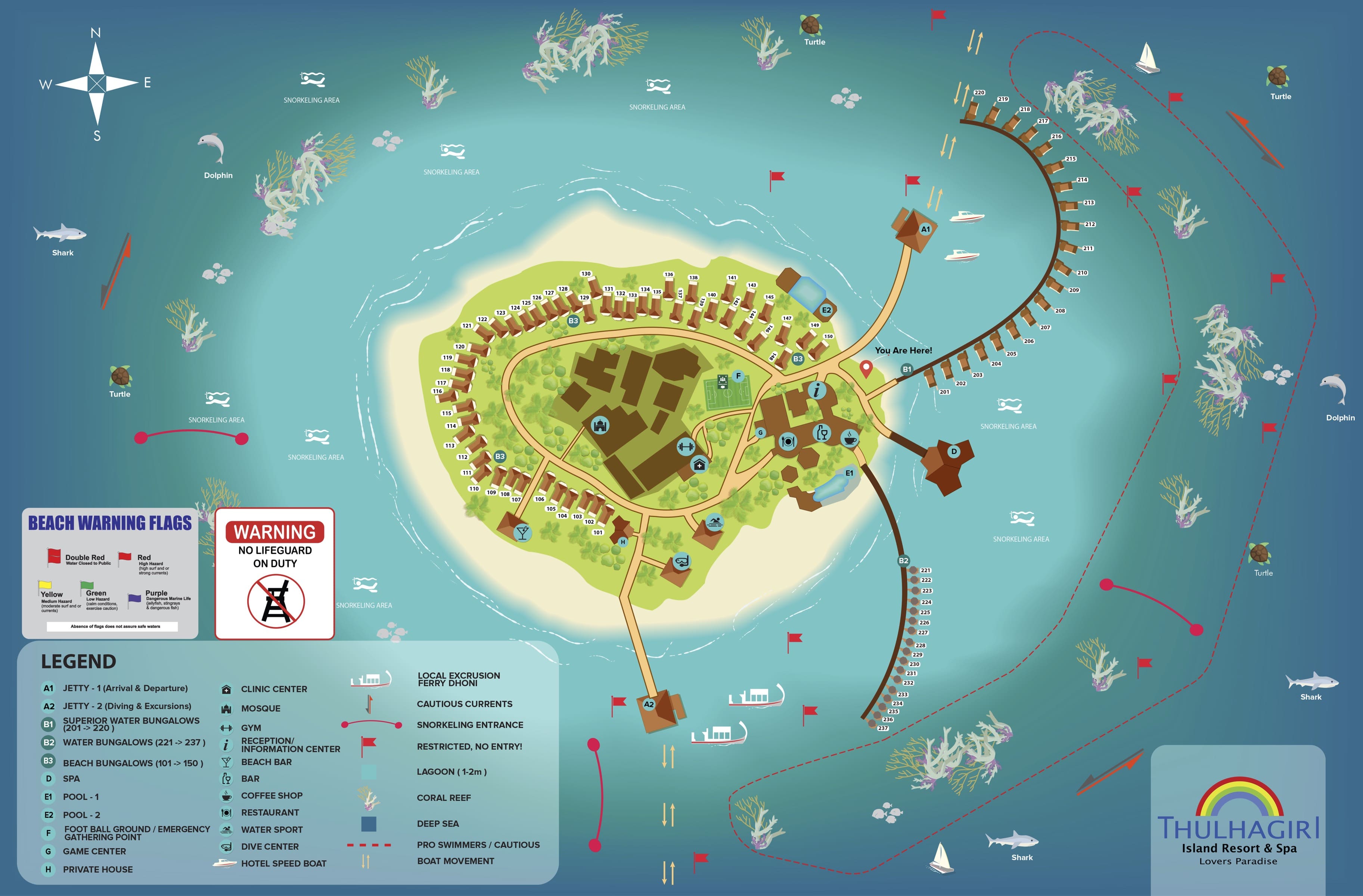 Mappa del Thulhagiri Island Resort & Spa Maldive con descrizione delle strutture e aree di snorkeling